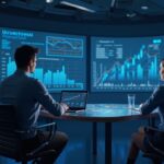 Analyst in a newsroom in front of a glass desk, screens with crypto charts and a Bitcoin decline; Solana.