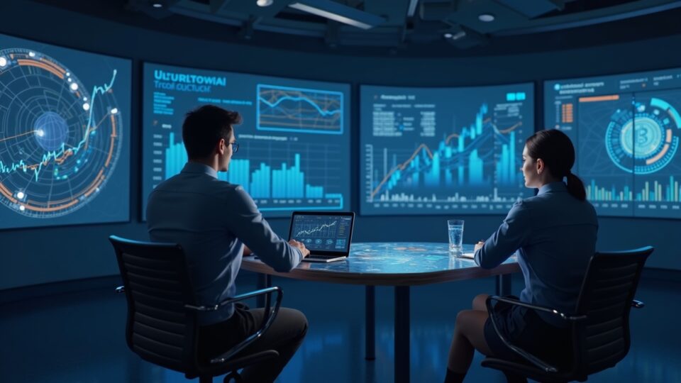 Analyst in a newsroom in front of a glass desk, screens with crypto charts and a Bitcoin decline; Solana.