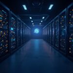 Futuristic AWS data center with glowing servers and an overlaid cryptocurrency dashboard, illustrating AI and infrastructure