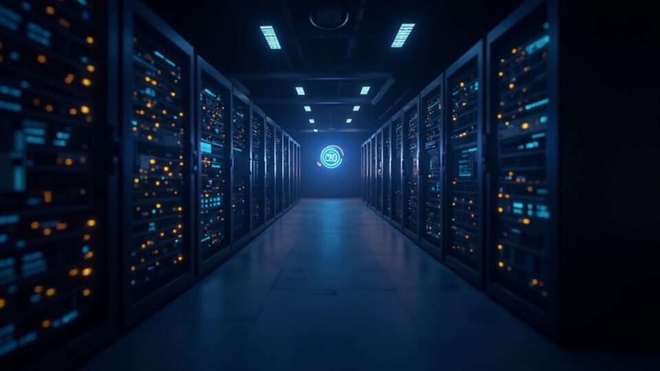Futuristic AWS data center with glowing servers and an overlaid cryptocurrency dashboard, illustrating AI and infrastructure