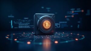 Secure digital vault with a blockchain ledger and stablecoin emblem, with regulatory code and a Bermuda backdrop.