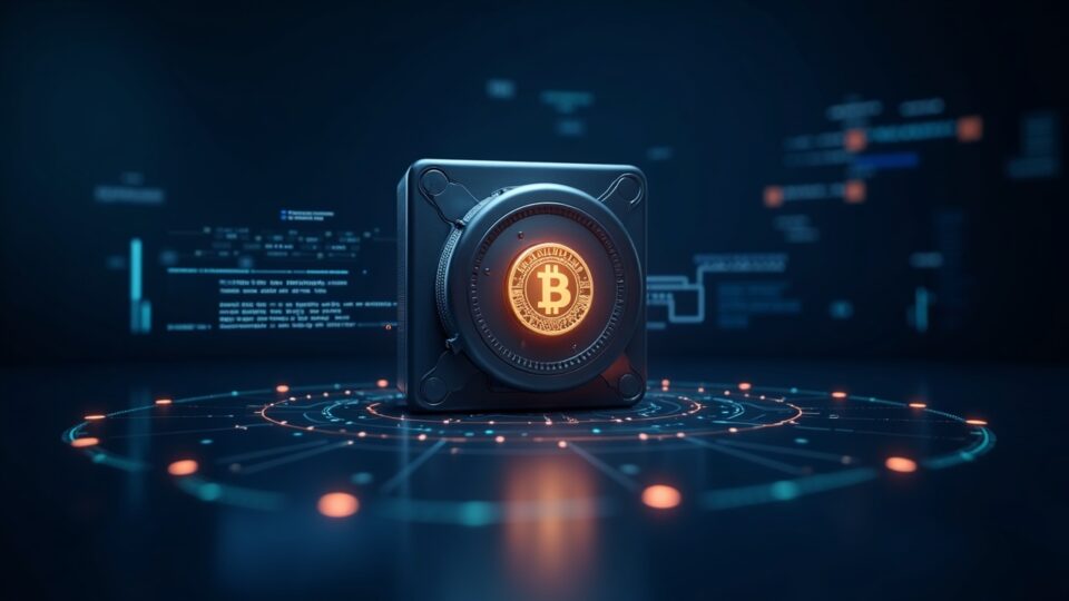 Secure digital vault with a blockchain ledger and stablecoin emblem, with regulatory code and a Bermuda backdrop.