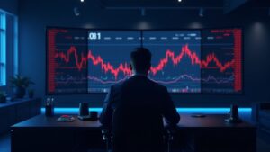Crypto trader in a modern trading room, BTC at 100k on screen, red liquidity charts and blue lighting.