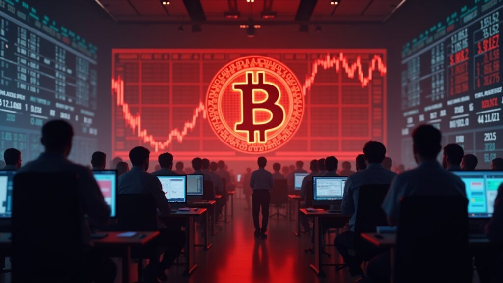 Bitcoin symbol in the foreground, near 100k; screens with liquidations and anxious traders in a trading room.