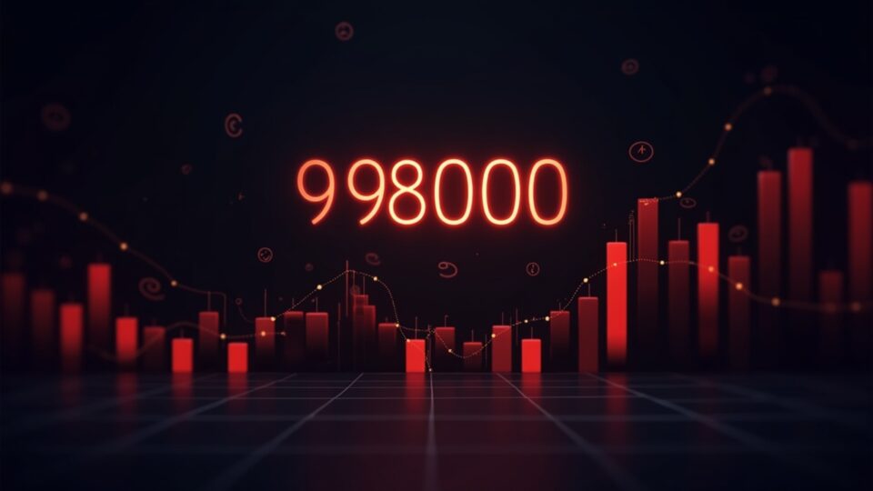 Bitcoin at 98.000 on a price board with red liquidation bars and cascading futures, macro style