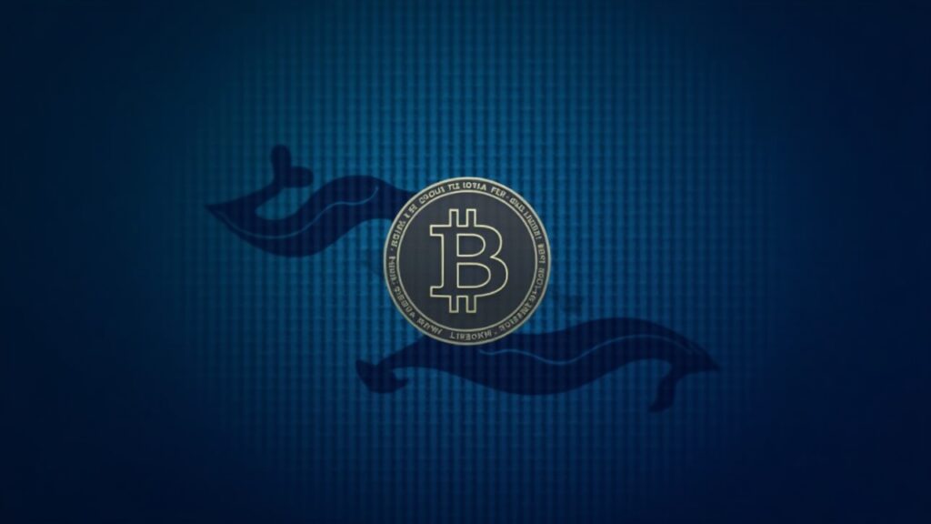 Bitcoin at the center with silhouettes of whales surrounding 1.000 BTC, digital grid blue background and crisp typography.