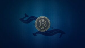 Bitcoin at the center with silhouettes of whales surrounding 1.000 BTC, digital grid blue background and crisp typography.