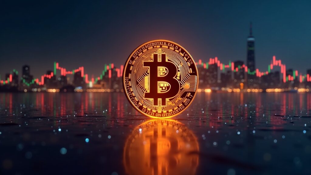 Photorealistic Bitcoin logo over a city, with data lines and an ascending chart indicating institutional demand.