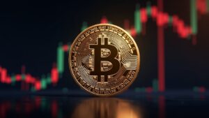 Photorealistic Bitcoin coin with an upward candlestick chart in the background, highlighting 105.5k and ETF/institutional flows