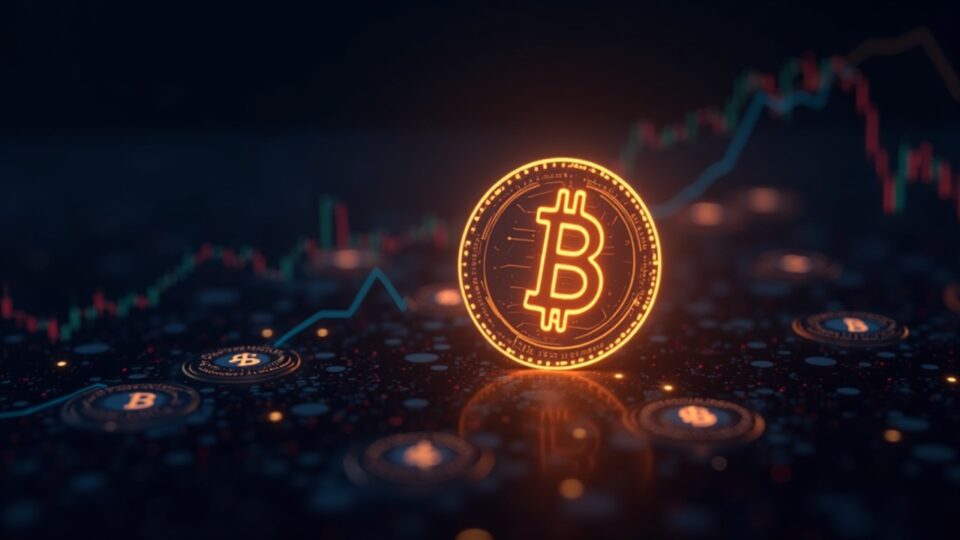 Glowing Bitcoin over a depth and liquidity flows chart, with stablecoin icons in the background