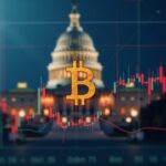 Bitcoin logo over a trading board, Capitol blurred in the background and tense market lines.