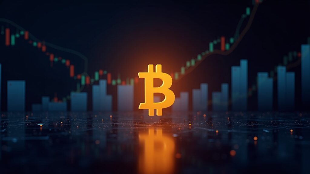 Luminous Bitcoin in the center, ascending charts and ETF tickers around, institutional news backdrop.