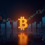 Luminous Bitcoin in the center, ascending charts and ETF tickers around, institutional news backdrop.