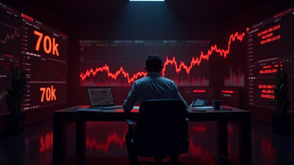 Realistic crypto trading room with a focused trader, red charts falling toward 70k and liquidation signals.