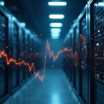 Bitcoin mining rig in a modern data center, blurred stock chart and convertible note document in the background.