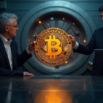 Central Bitcoin, OG hodler on the left and tech trader on the right, cold custody background.