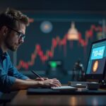 Trader focused in front of the screen; Bitcoin rises from 99k to 106k; Capitol clock marks end of the shutdown; crypto environment.