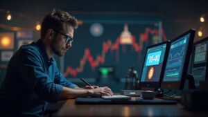 Trader focused in front of the screen; Bitcoin rises from 99k to 106k; Capitol clock marks end of the shutdown; crypto environment.