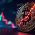 Close-up of a bitcoin coin with a neon price chart and a 12% rise toward a resistance.
