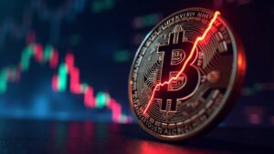 Close-up of a bitcoin coin with a neon price chart and a 12% rise toward a resistance.