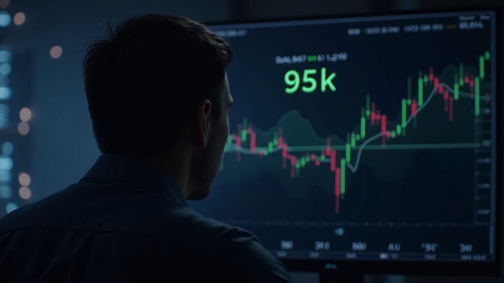 Panel de precios de Bitcoin con nivel 95.000, RSI y EMA, silueta de cabeza y hombros y analista en una sala de trading.