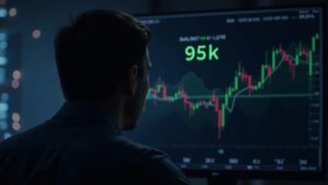 Panel de precios de Bitcoin con nivel 95.000, RSI y EMA, silueta de cabeza y hombros y analista en una sala de trading.