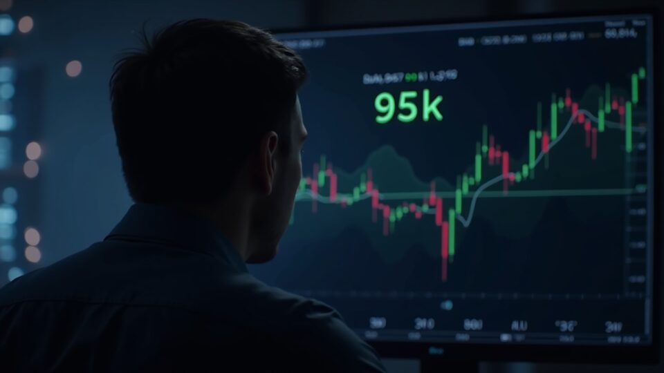 Panel de precios de Bitcoin con nivel 95.000, RSI y EMA, silueta de cabeza y hombros y analista en una sala de trading.