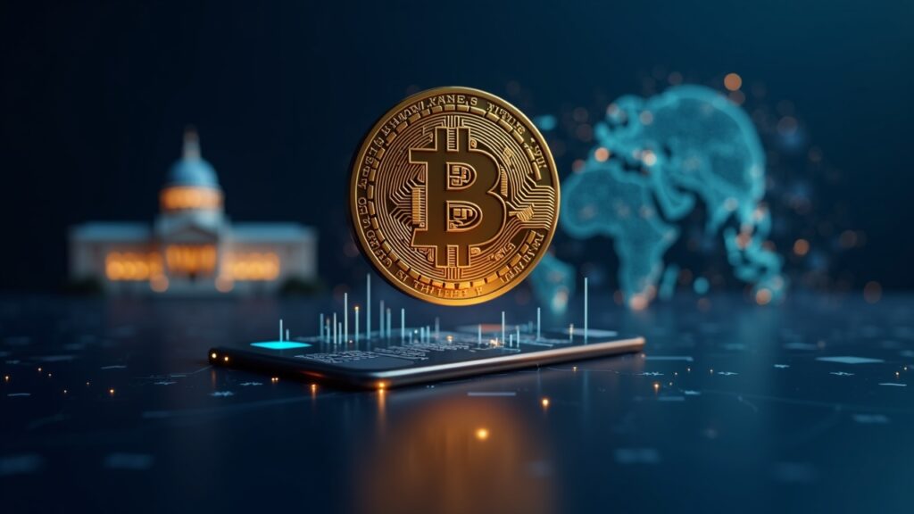 Bitcoin on a trading desk, left government building, right decentralized network, blue-gold tone.