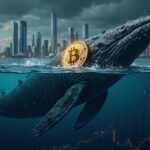 Photorealistic Bitcoin whale sinking in front of institutional towers, with data flows and price panels