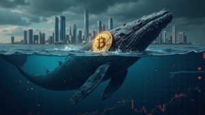 Photorealistic Bitcoin whale sinking in front of institutional towers, with data flows and price panels
