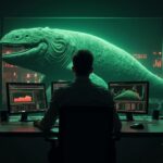 Enormous Bitcoin whale on a trading desk; screens with red fear maps and a green glow indicating accumulation.