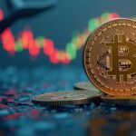 Bitcoin coin in the foreground, whale silhouette and market charts, conveys calm amid volatility.