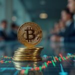 Realistic Bitcoin on a glass desk with Wyckoff lines and arrows to 86k and 125k, institutional figures in the background.