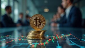 Realistic Bitcoin on a glass desk with Wyckoff lines and arrows to 86k and 125k, institutional figures in the background.