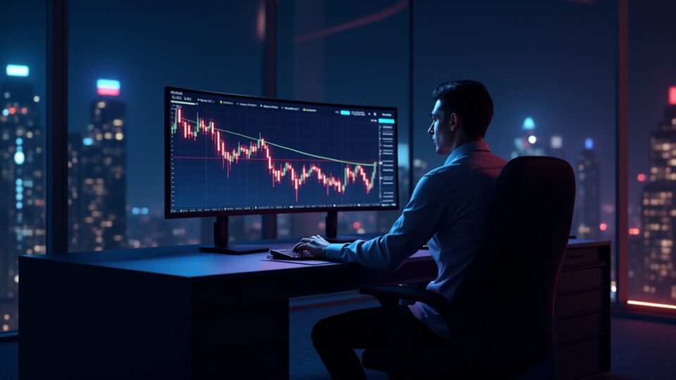 Focused crypto trader at a sleek trading desk watches BCH break 518 with rising volume on a large monitor, neon chart lines.