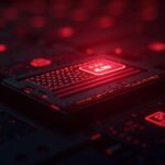 Close-up of Bitmain ASIC miners under red alert lighting with holographic US flag and security icons.
