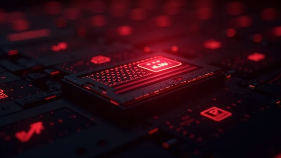 Close-up of Bitmain ASIC miners under red alert lighting with holographic US flag and security icons.