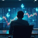 Technology executive in a modern office, Ethereum holograms and an upward chart, with BitMine branding.