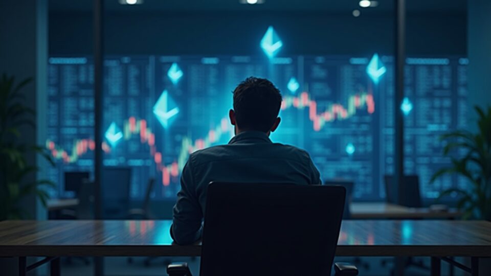 Technology executive in a modern office, Ethereum holograms and an upward chart, with BitMine branding.