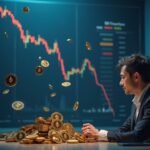 Financial executive at a modern desk, Ethereum tokens spinning toward a vault, downward chart in the background.