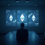 Boardroom scene with Ethereum logos, charts and an executive silhouette, showing accumulation of ETH.