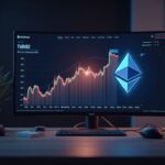 News desk with illuminated Ethereum symbol and rising BTC/ETH chart, evoking BitMine's purchase.
