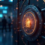 Photorealistic photograph of an AVAX token secured in a regulated New York vault, with holographic staking lines and a press backdrop.