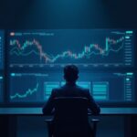 News analyst watches Bitcoin decline on chart; screens show record ETF outflows and BlackRock logo