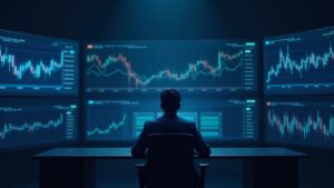 News analyst watches Bitcoin decline on chart; screens show record ETF outflows and BlackRock logo