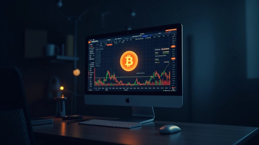 Photorealistic trading desk with Bitcoin symbol on a screen and a subtle BlackRock logo, signaling ETF adoption.