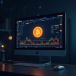 Photorealistic trading desk with Bitcoin symbol on a screen and a subtle BlackRock logo, signaling ETF adoption.