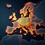A Bitcoin coin in the foreground over an illuminated map of Europe, in a fintech, symbolizing BTC loans in the EU.