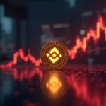 BNB shining, falling below $1,000 over a trading desk, with bearish red indicators.