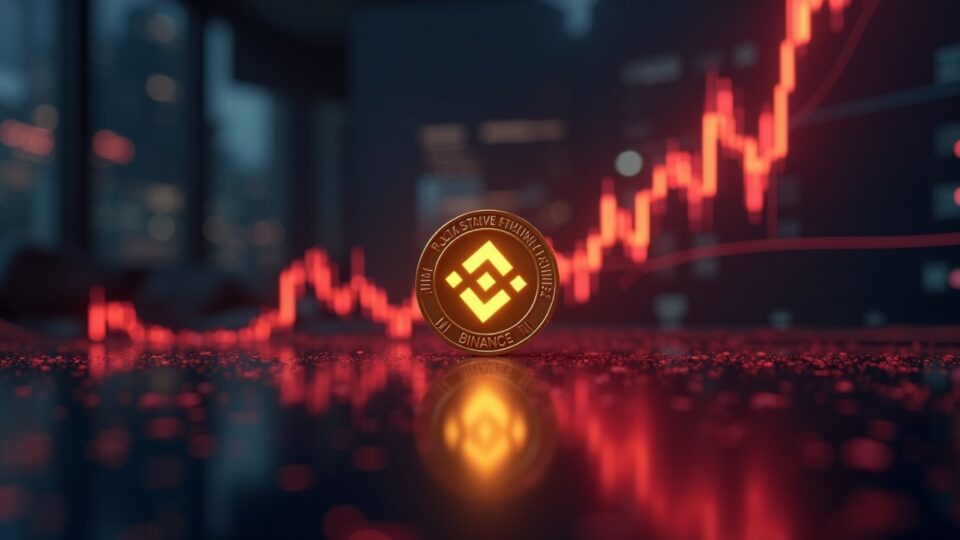 BNB shining, falling below $1,000 over a trading desk, with bearish red indicators.